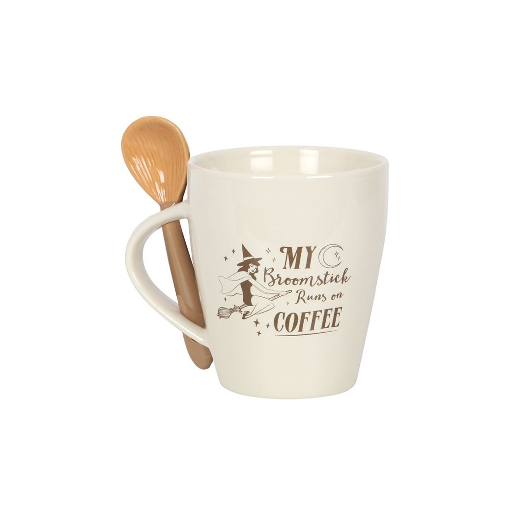 MY BROOMSTICK RUNS ON COFFEE MUG + SPOON SET