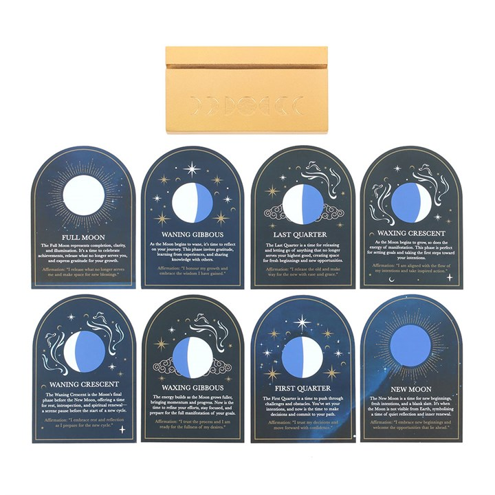 8 MOON PHASE CARDS + WOODEN STAND SET