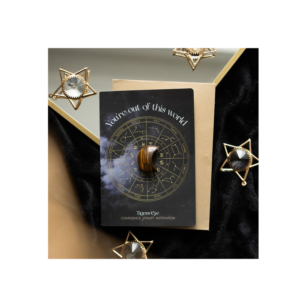 YOU'RE OUT OF THIS WORLD TIGER'S EYE CRYSTAL MOON CARD