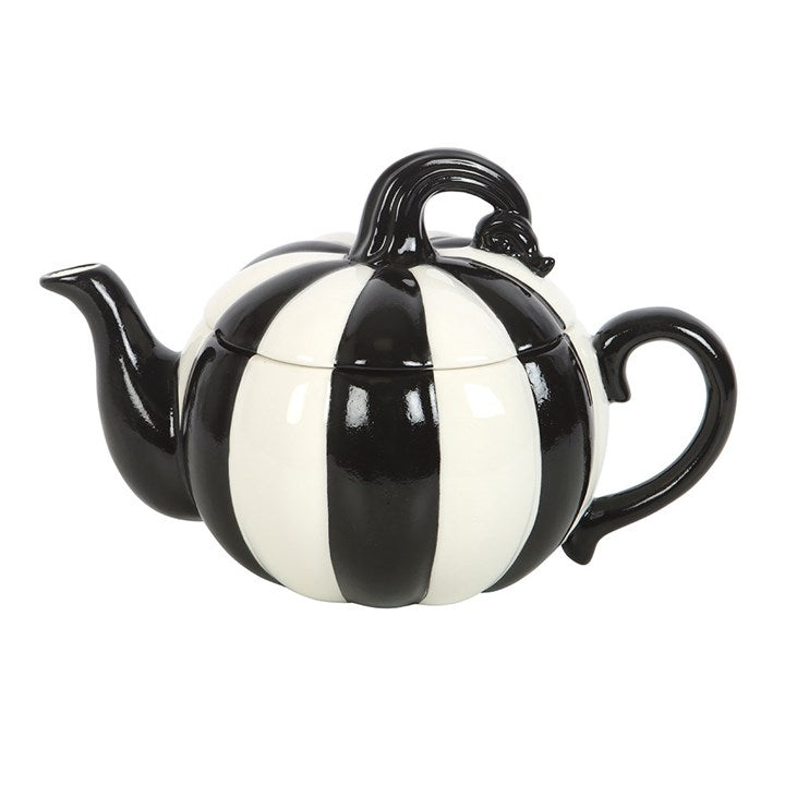 BLACK + WHITE STRIPED PUMPKIN TEAPOT