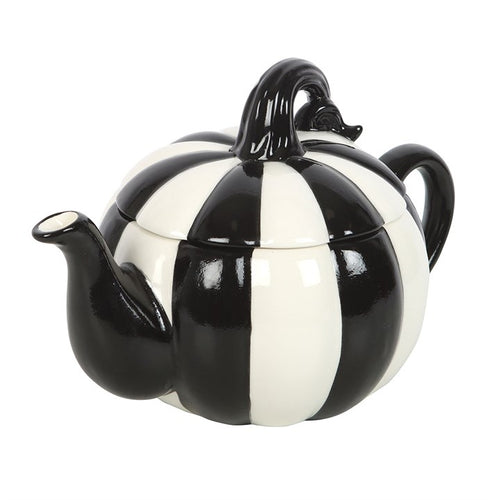 BLACK + WHITE STRIPED PUMPKIN TEAPOT