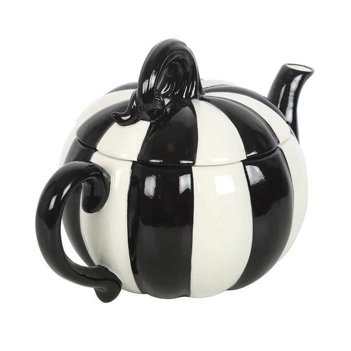 BLACK + WHITE STRIPED PUMPKIN TEAPOT