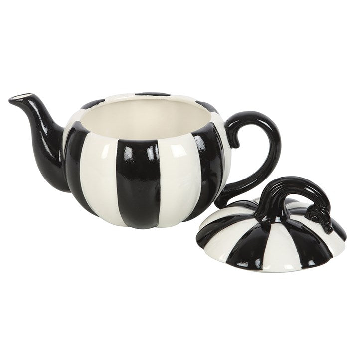 BLACK + WHITE STRIPED PUMPKIN TEAPOT