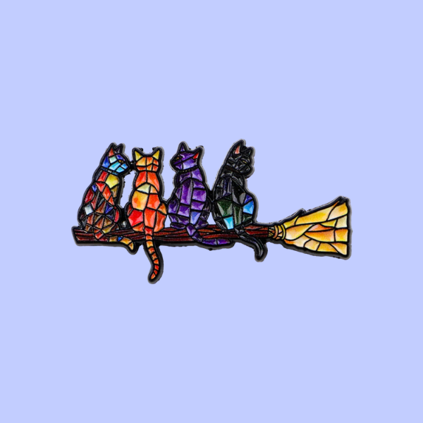 CATS ON A BROOM STAINED GLASS PIN