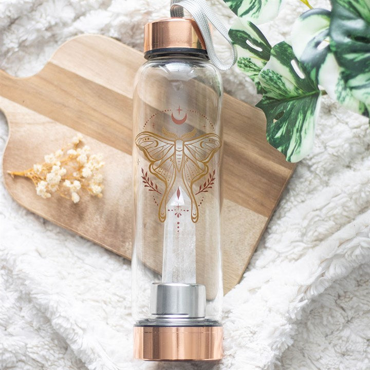 LUNA MOTH CLEAR QUARTZ CRYSTAL INFUSED GLASS WATER BOTTLE