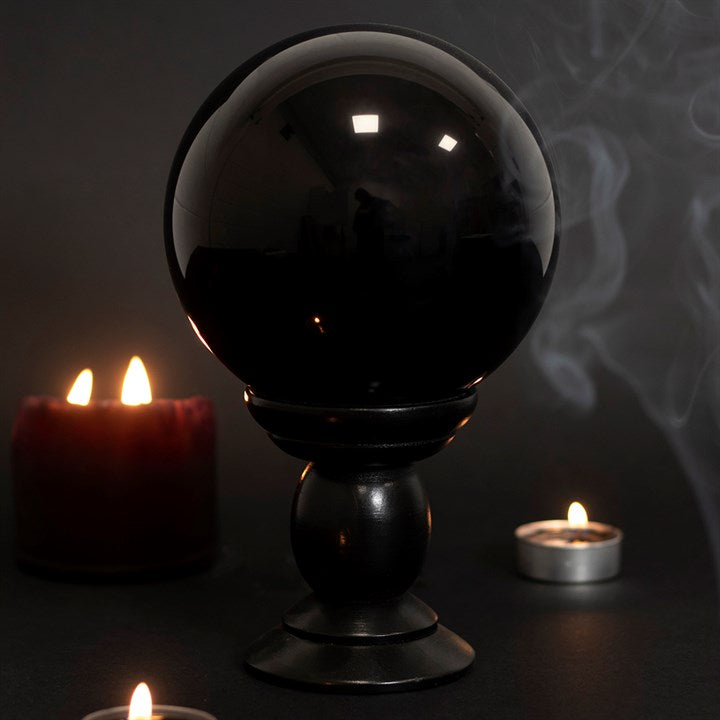 LARGE BLACK CRYSTAL BALL ON STAND