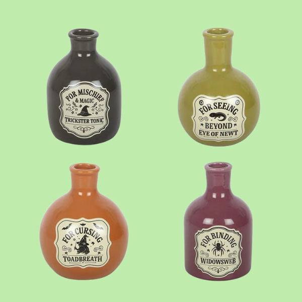 SET OF 4 POTION BOTTLE TAPER CANDLE HOLDERS + STEM VASES