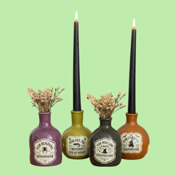 SET OF 4 POTION BOTTLE TAPER CANDLE HOLDERS + STEM VASES