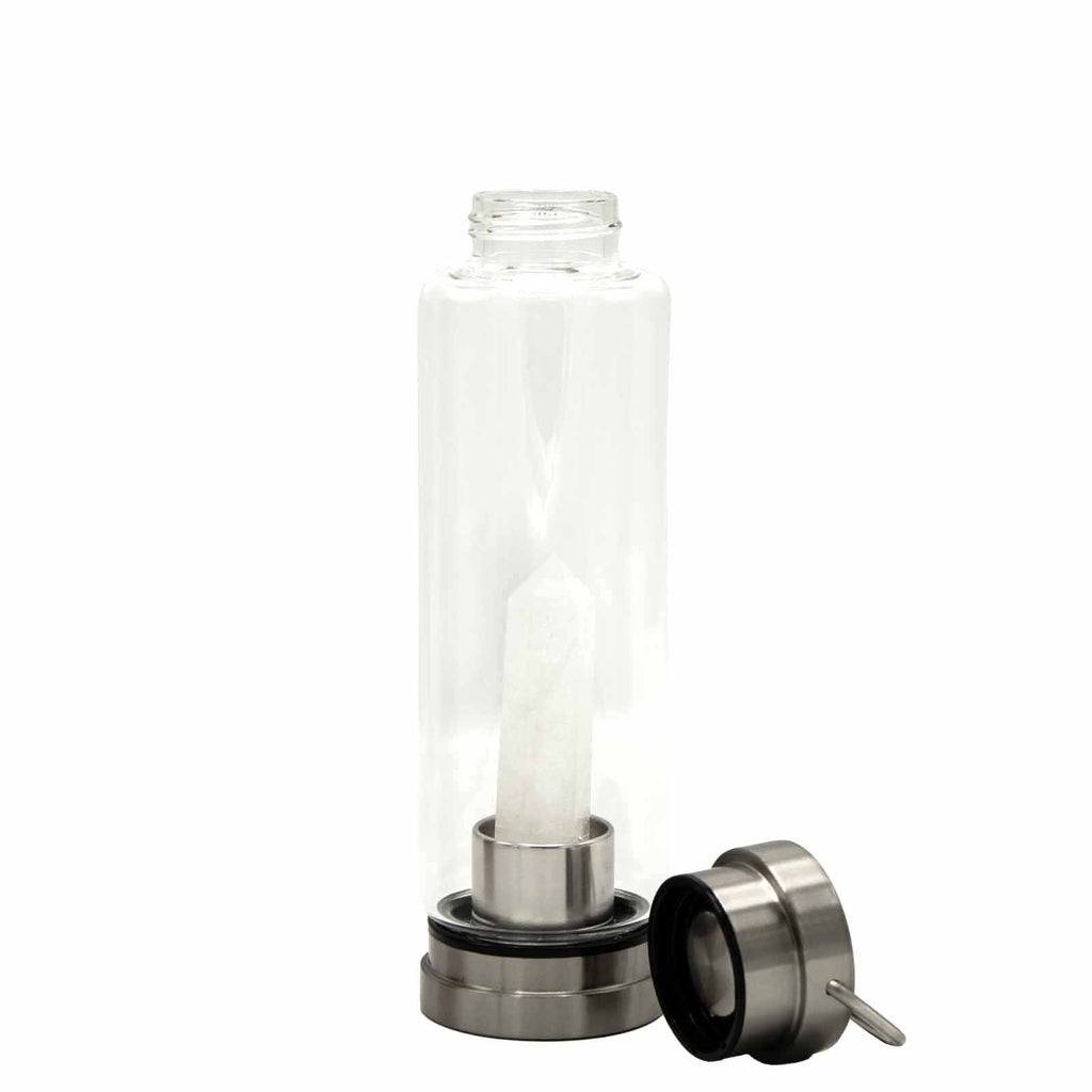 CLEAR QUARTZ CRYSTAL INFUSED GLASS WATER BOTTLE