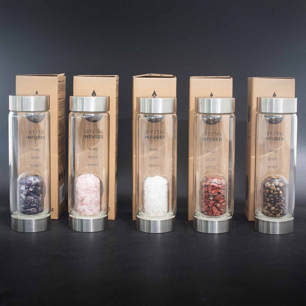 CLEAR QUARTZ CRYSTAL INFUSED GLASS WATER BOTTLE