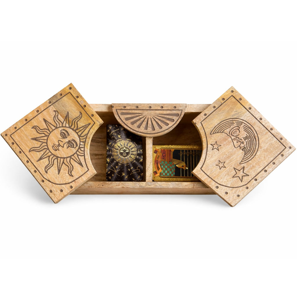 SUN + MOON CARVED SLIDING TAROT STORAGE BOX