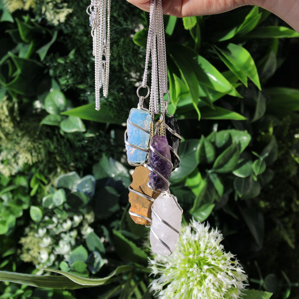 RAW TIGER EYE WRAPPED CRYSTAL PENDANT NECKLACE