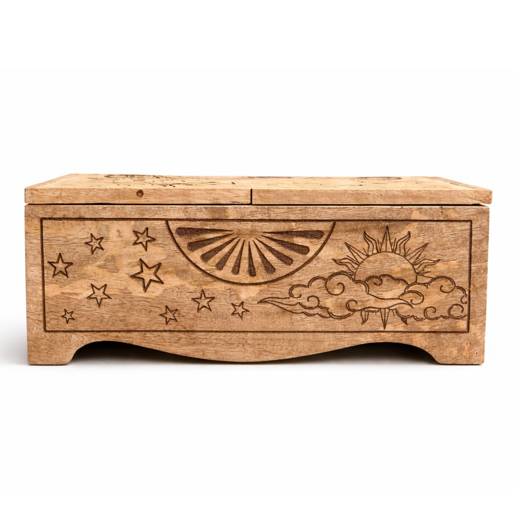 SUN + MOON CARVED SLIDING TAROT STORAGE BOX
