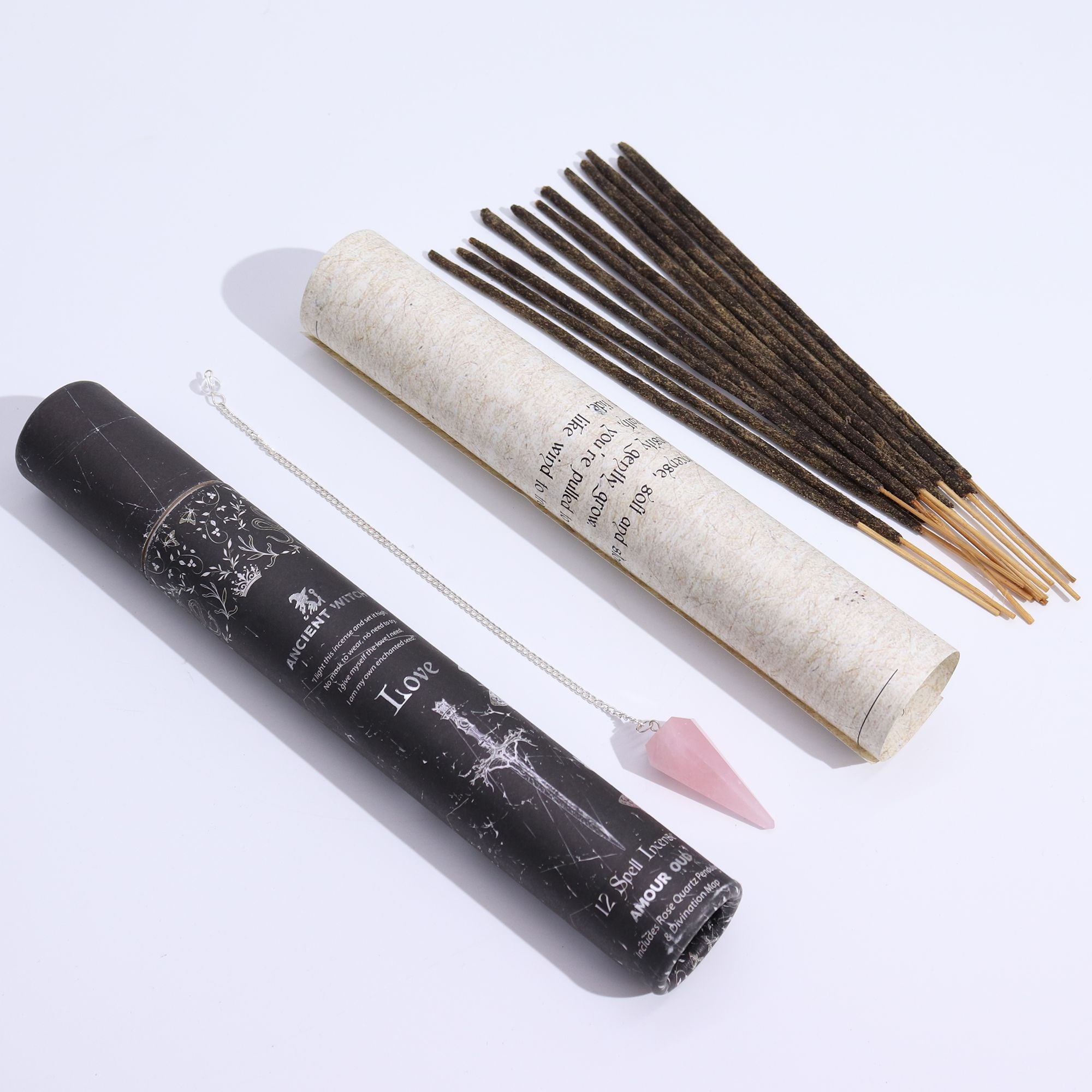 LOVE SPELL INCENSE + ROSE QUARTZ PENDULUM SET