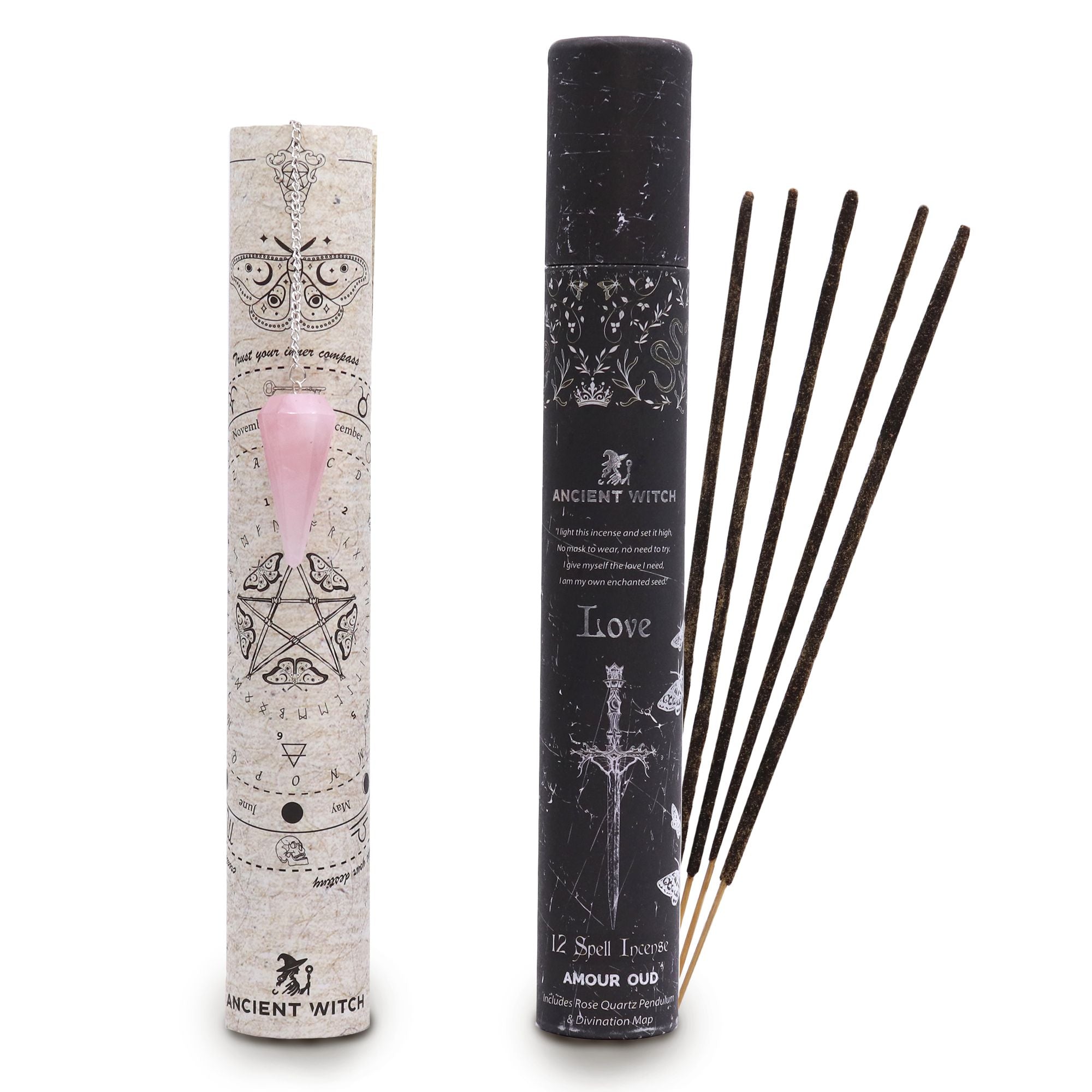 LOVE SPELL INCENSE + ROSE QUARTZ PENDULUM SET