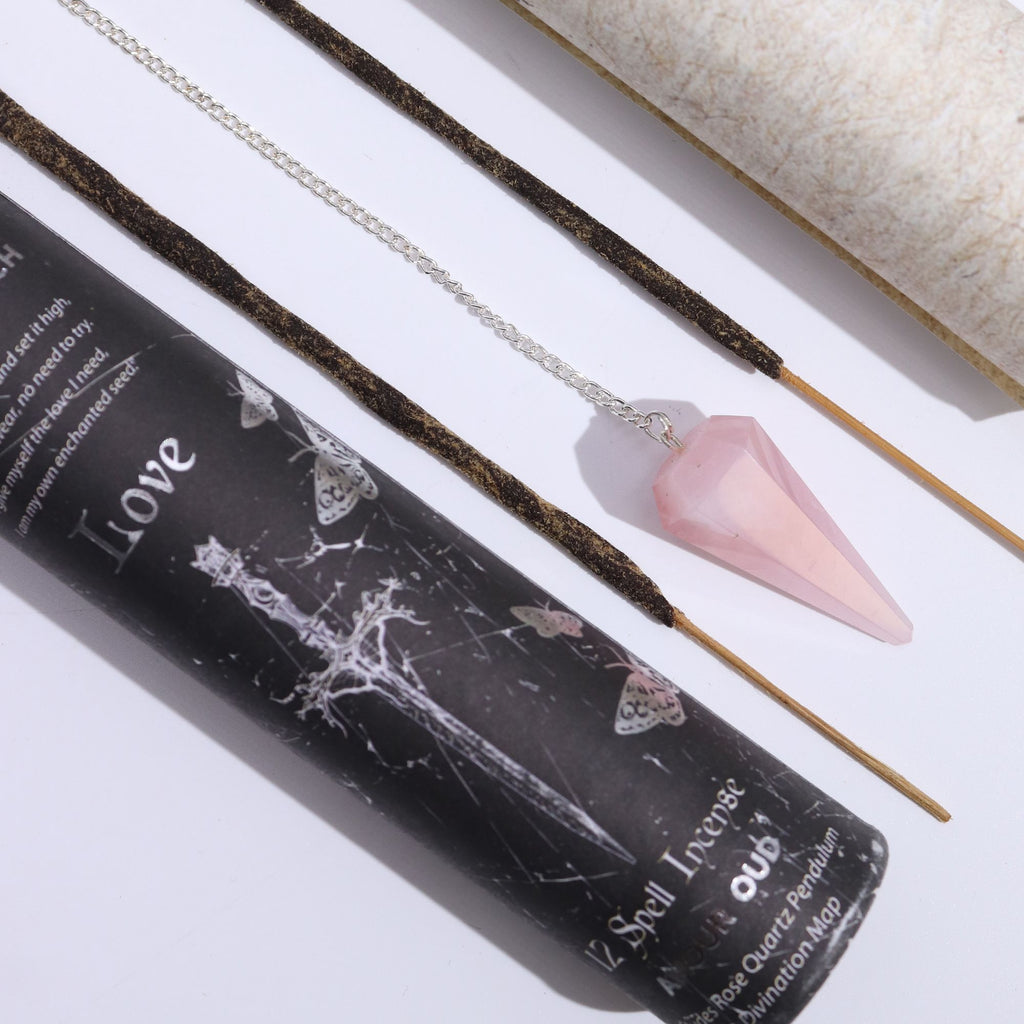 LOVE SPELL INCENSE + ROSE QUARTZ PENDULUM SET