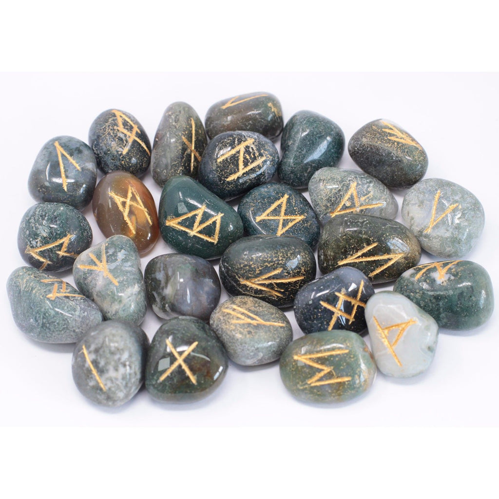 MOSS AGATE RUNE STONE SET IN POUCH