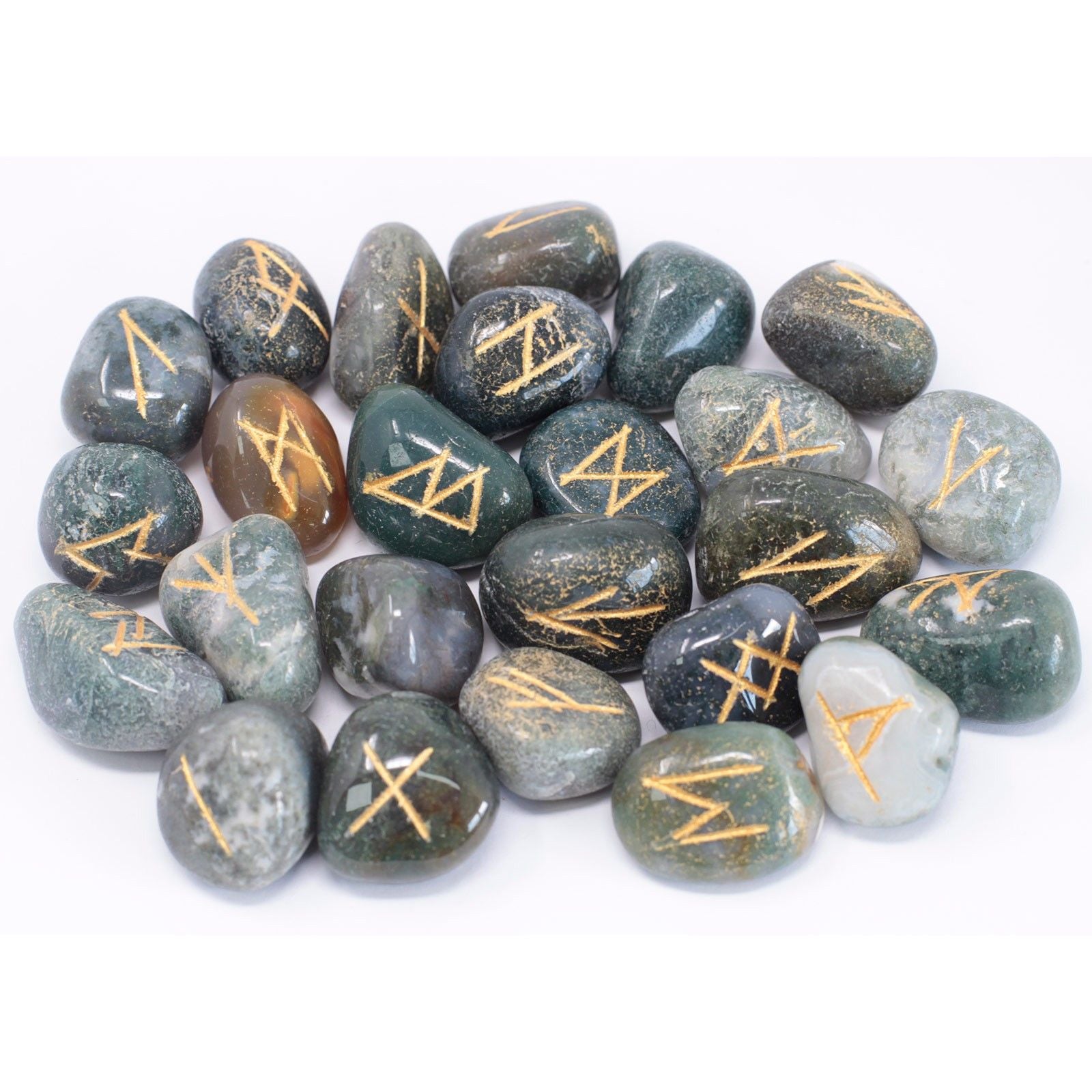 MOSS AGATE RUNE STONE SET IN POUCH