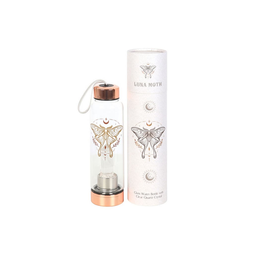 LUNA MOTH CLEAR QUARTZ CRYSTAL INFUSED GLASS WATER BOTTLE